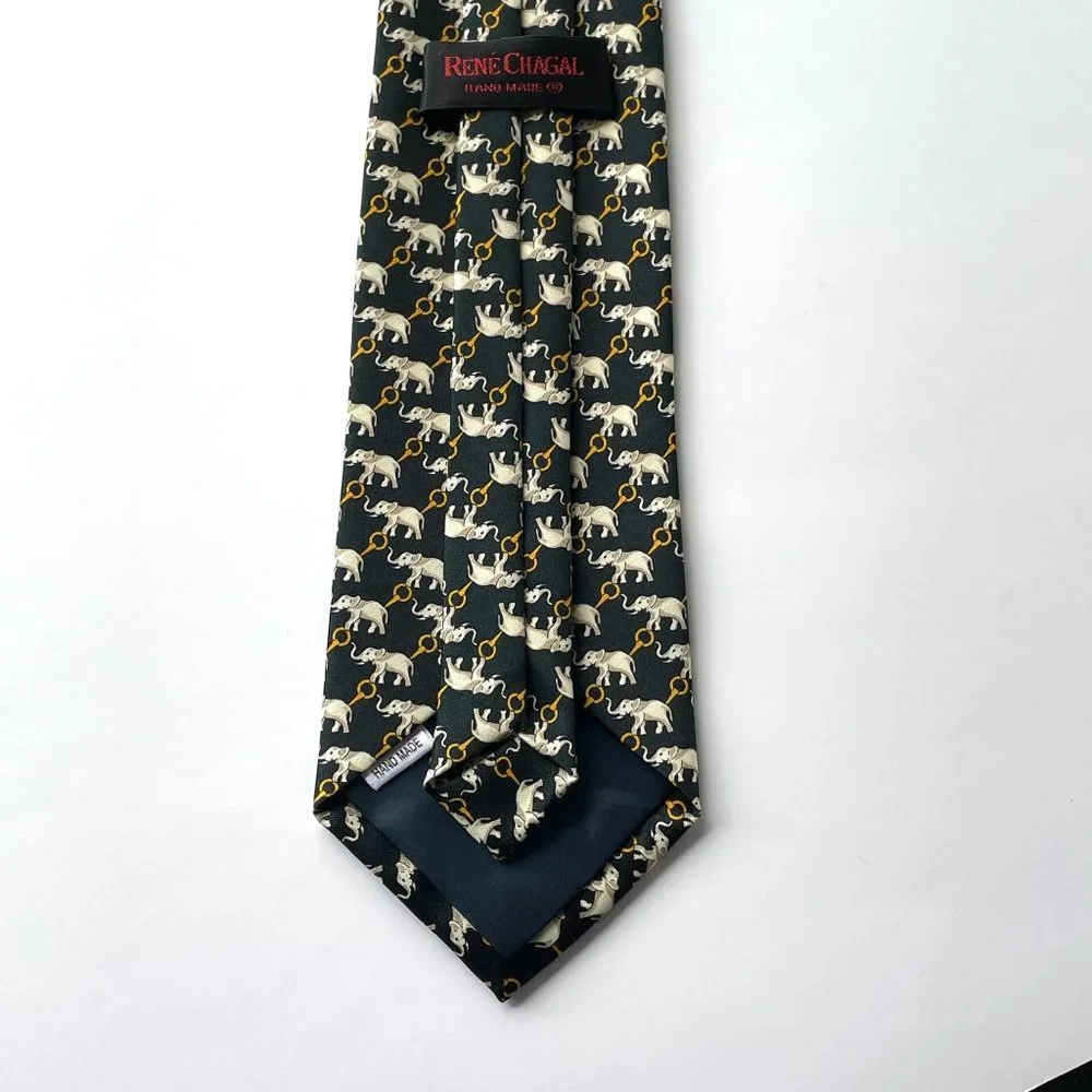 Rene Chagal Black Elephant Print Hand‎ Made 100% Silk Neck Tie Novelty Neckwear
